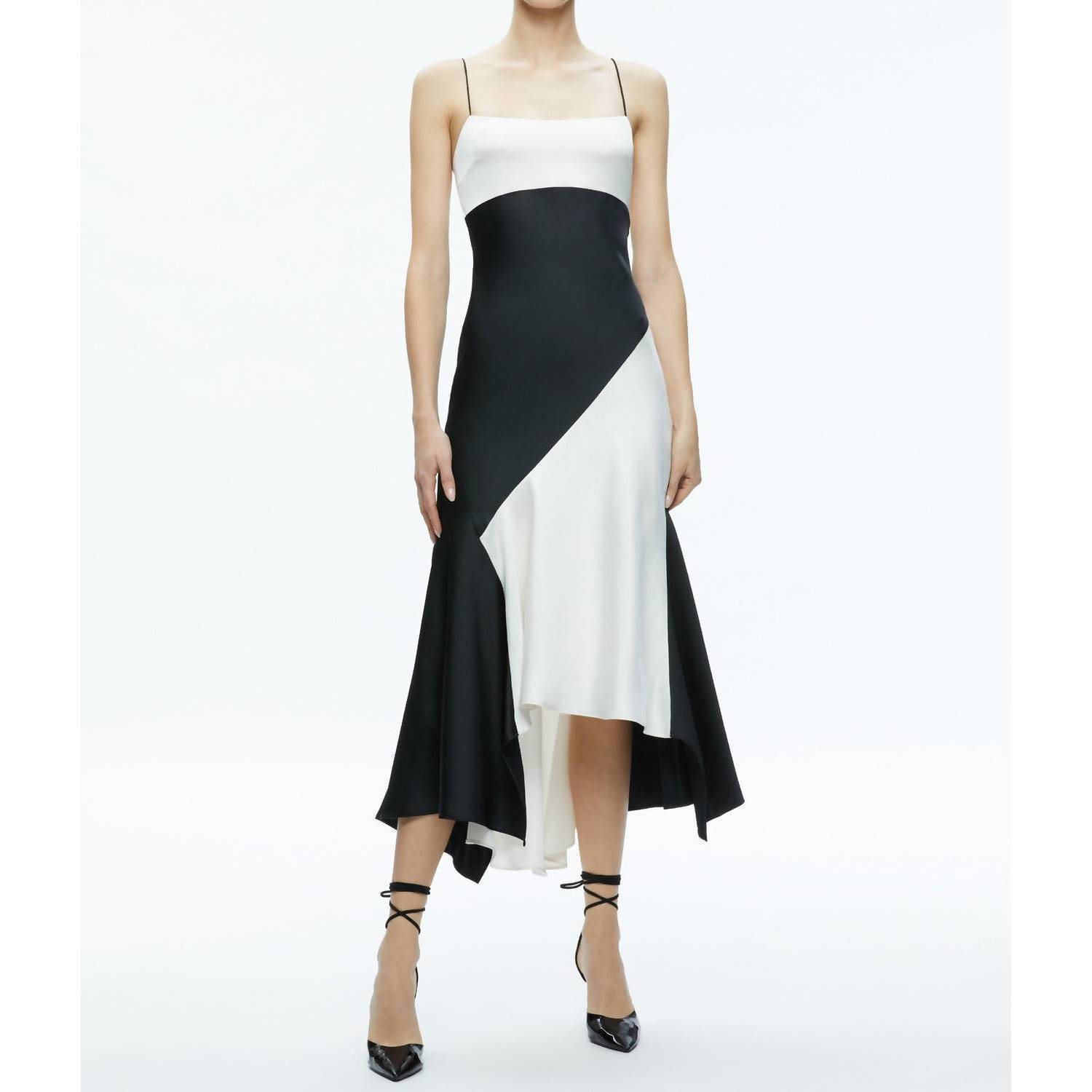 New Alice + Olivia Rosa Asymmetrical Midi Slip Dress In Off White/Black